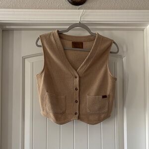 Tan Sleeveless Button-Up Waffle Vest